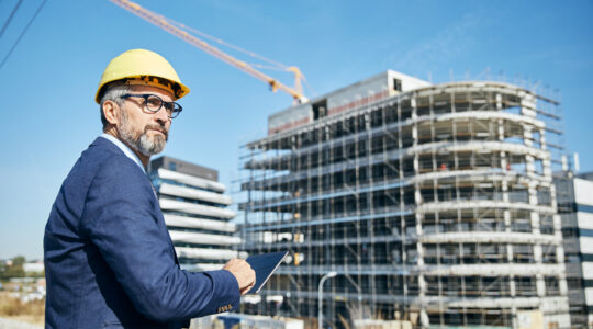 senior businessman architect helmet construction site building architecture
