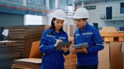 Professional Engineers Discussing Operations in a Modern Factory