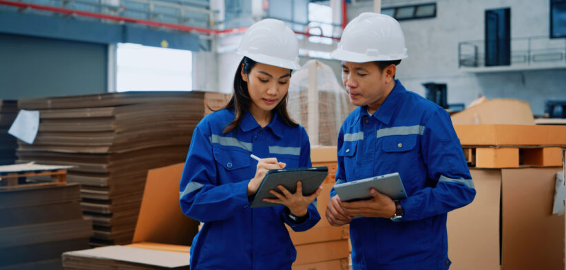 Professional Engineers Discussing Operations in a Modern Factory