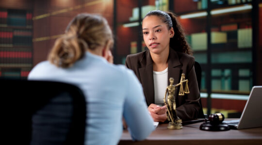 The Sad Attorney Consoles Her Upset Hispanic Client After