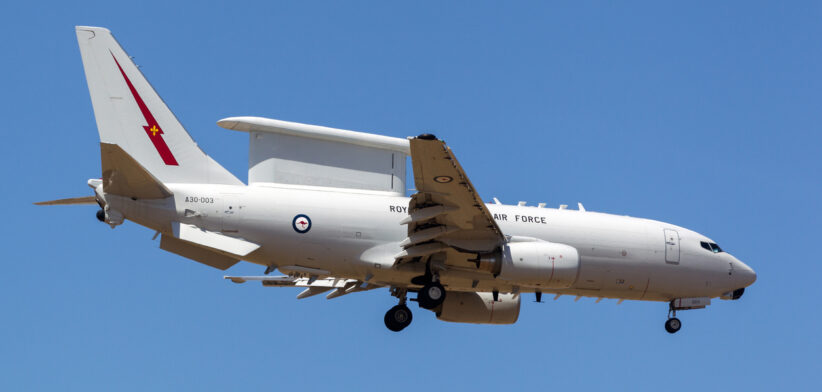 Royal Australian Air Force (RAAF) Boeing E-7A Wedgetail A30-003 twin-engine airborne early warning and control (AEW-C) aircraft on approach to land at Avalon Airport.