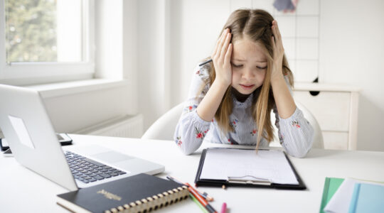 Little Student Girl Studying At School