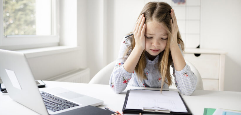Little Student Girl Studying At School
