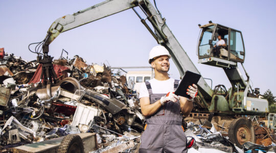 Man controlling process of industrial scrap metal recycling at junk yard.
