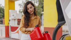 Anxiety woman with gas can on gas station