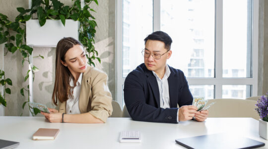 Man and woman sitting in office, holding money at hands. Gender pay gap, unequal salary concept