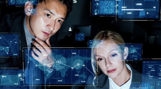 Group of people watching hologram screens. System engineering. GUI (Graphical User Interface).