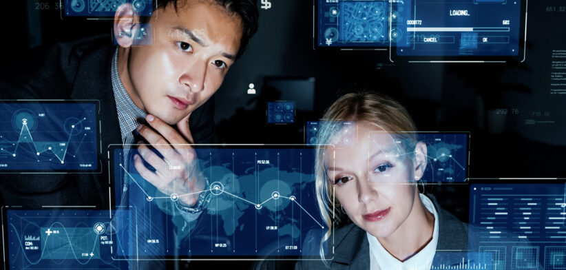 Group of people watching hologram screens. System engineering. GUI (Graphical User Interface).