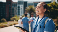 Happy woman, vision and nurse with tablet for internship, med school or healthcare campaign at campus. Female person, medical student or junior with smile on technology for dream, research or study