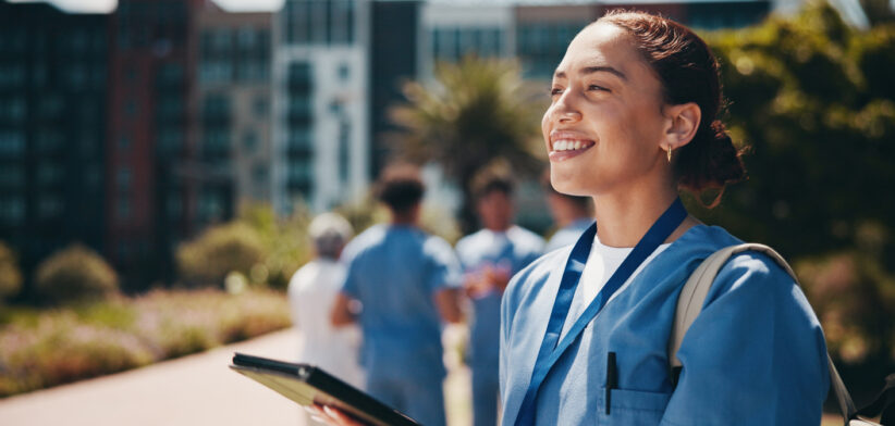 Happy woman, vision and nurse with tablet for internship, med school or healthcare campaign at campus. Female person, medical student or junior with smile on technology for dream, research or study