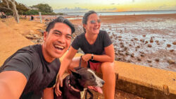 Couple Enjoying Sunset at Beach with Pet Dog