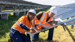 Senior Engineer and Aboriginal Australian Apprentice Working Together On Solar Farm Installation