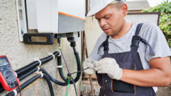 Electrician installing solar panel system, wiring inverter and electric box