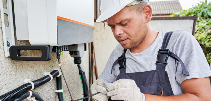 Electrician installing solar panel system, wiring inverter and electric box