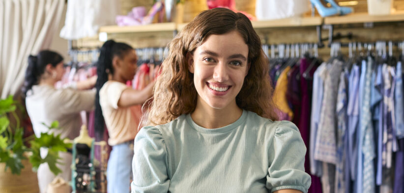 Portrait Of Female Owner Or Worker In Fashion Clothing Store With Customer In Background