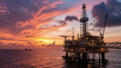 Offshore Oil Rig At Sunset Over The Ocean. High Quality Photo