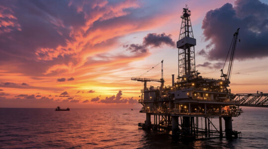 Offshore Oil Rig At Sunset Over The Ocean. High Quality Photo