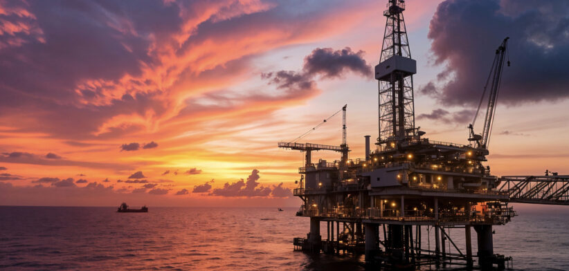 Offshore Oil Rig At Sunset Over The Ocean. High Quality Photo