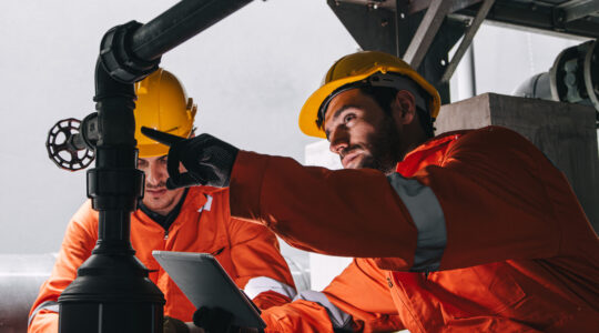 Two professional engineer male teamwork service maintenance, Worker industry water pipe tube system