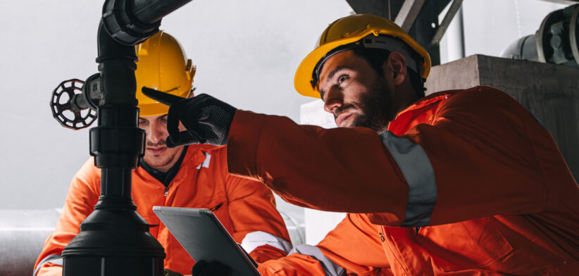 Two professional engineer male teamwork service maintenance, Worker industry water pipe tube system