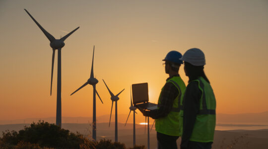 Engineers with Safety Helmets and Laptop at Wind Farm During Sunset, Focus on Renewable Energy, Sustainability, and Green Technology