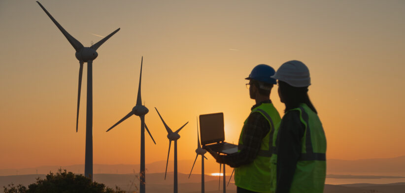 Engineers with Safety Helmets and Laptop at Wind Farm During Sunset, Focus on Renewable Energy, Sustainability, and Green Technology