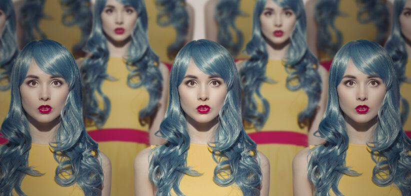 Many Glamour Beauty Woman Clones. Identical Crowd Concept.