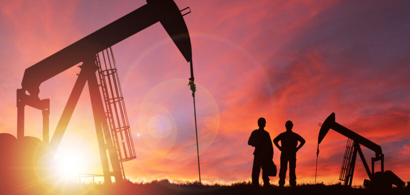 Sunset Over Pumpjack Silhouette With Copy Space