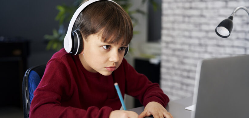 Concentrated boy while studying at home