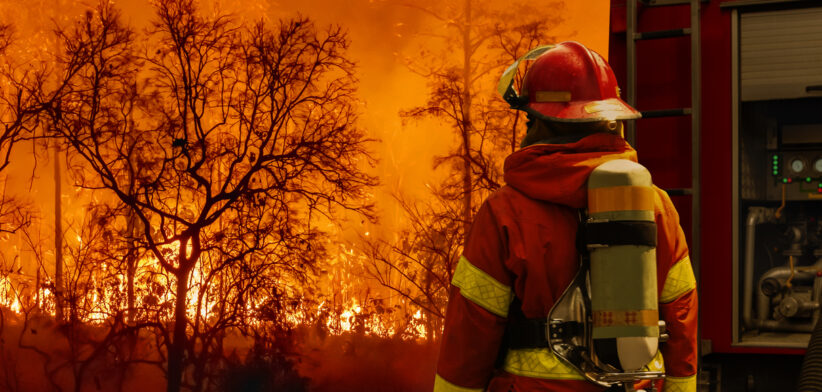 Firefighter extinguishing wildfire with fire truck