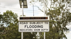 Road Flooded – Road subject to flooding warning sign. Road Closed. Solar powered led Lights. Flood Queensland 2022