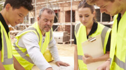 Builder On Building Site Discussing Work With Apprentice