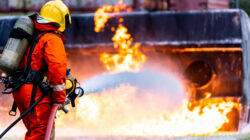 Firefighters spraying down fire flame from oil tanker truck accident