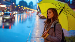 Woman holding a yellow umbrella while waiting for a cab