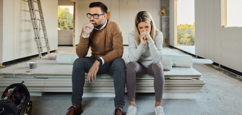 Worried couple having problems inside of their house under construction.