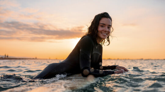 Young Adult Woman Resting On Her Surfboard Waiting For A Wave At Sunset