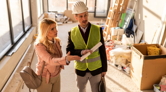 Construction workers discuss project details inside a building under renovation in the late afternoon sunlight