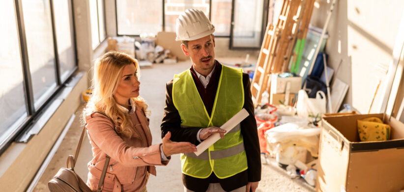 Construction workers discuss project details inside a building under renovation in the late afternoon sunlight
