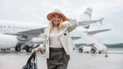 Smiling Female Tourist In Front Of A Plane