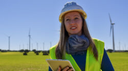 Female engineer holding digital tablet inspecting wind turbines in a field