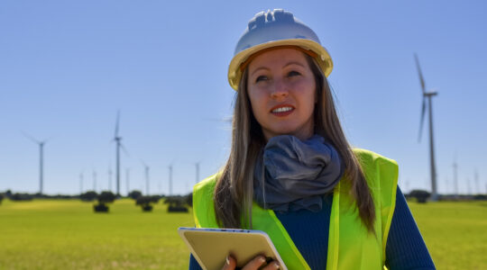 Female engineer holding digital tablet inspecting wind turbines in a field