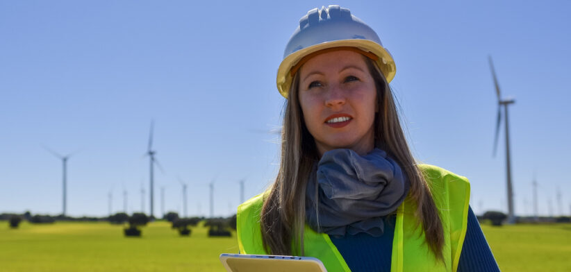 Female engineer holding digital tablet inspecting wind turbines in a field