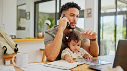 Talking, baby or dad with phone call or laptop for remote work, freelance or business in home. Online, single parent or father juggling parenting task for project deadline, planning or multitasking