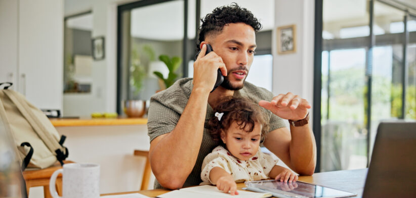 Talking, baby or dad with phone call or laptop for remote work, freelance or business in home. Online, single parent or father juggling parenting task for project deadline, planning or multitasking