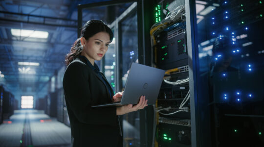 IT engineer checks data centre