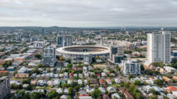 Brisbane Queensland Australia – January 10 2023 : Woolloongabba (Gabba) stadium is seen on a summer morning. This stadium is set to welcome Brisbane Olympics summer games in 2032