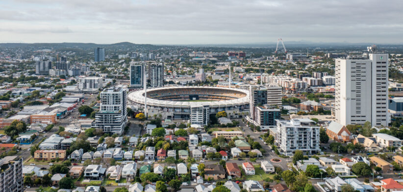 Brisbane Queensland Australia – January 10 2023 : Woolloongabba (Gabba) stadium is seen on a summer morning. This stadium is set to welcome Brisbane Olympics summer games in 2032