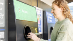 Young woman using a bottle recycling machine