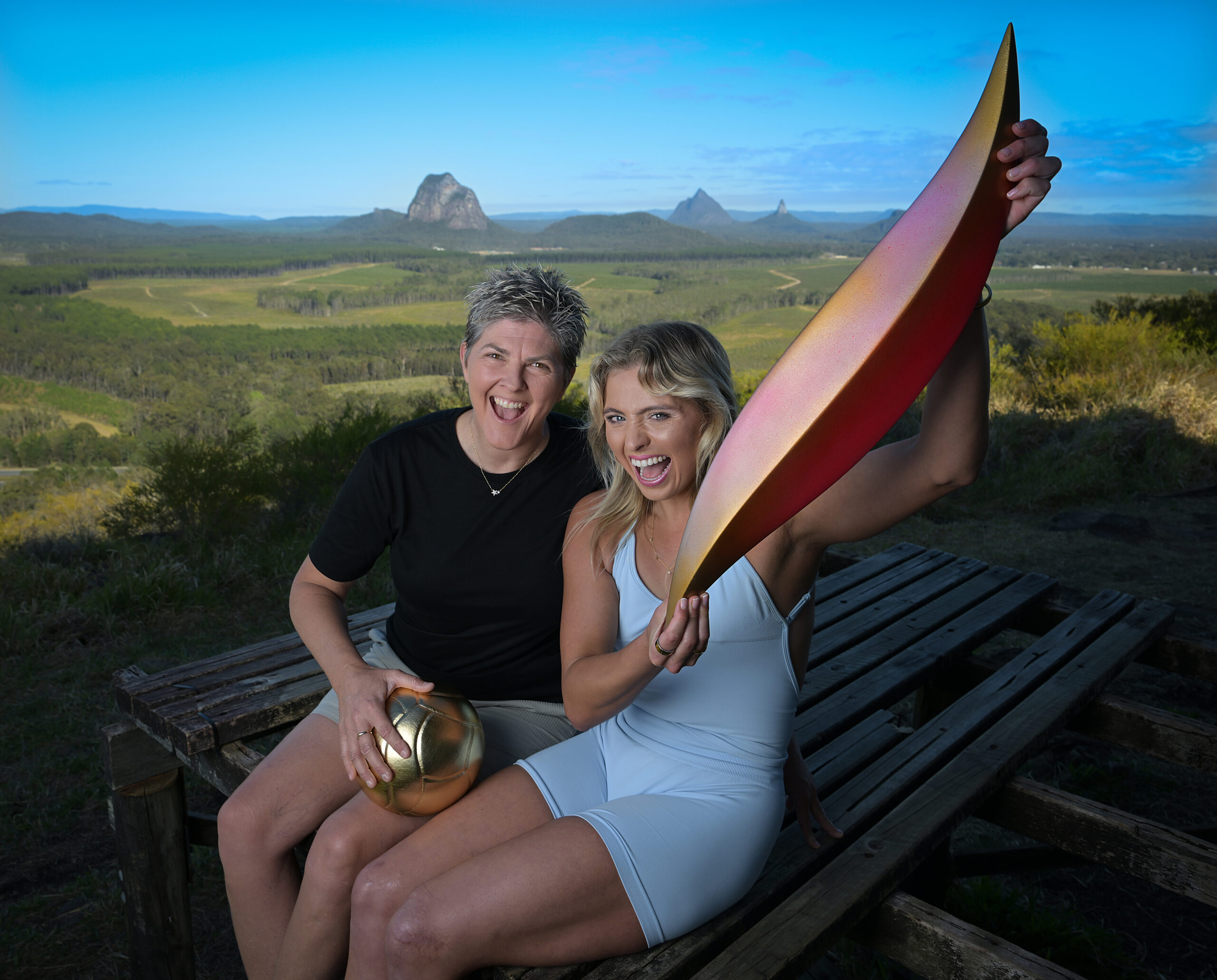 Alexa Leary and Nat Cook with the Emblems piece on Wild Horse Mountain. Supplied by Brisbane 2032