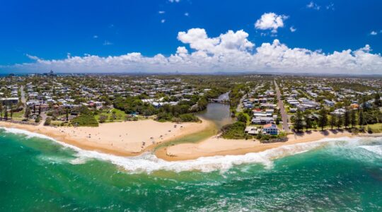 Aerial panoramic images of Dicky Beach, Caloundra, Queensland, Australia